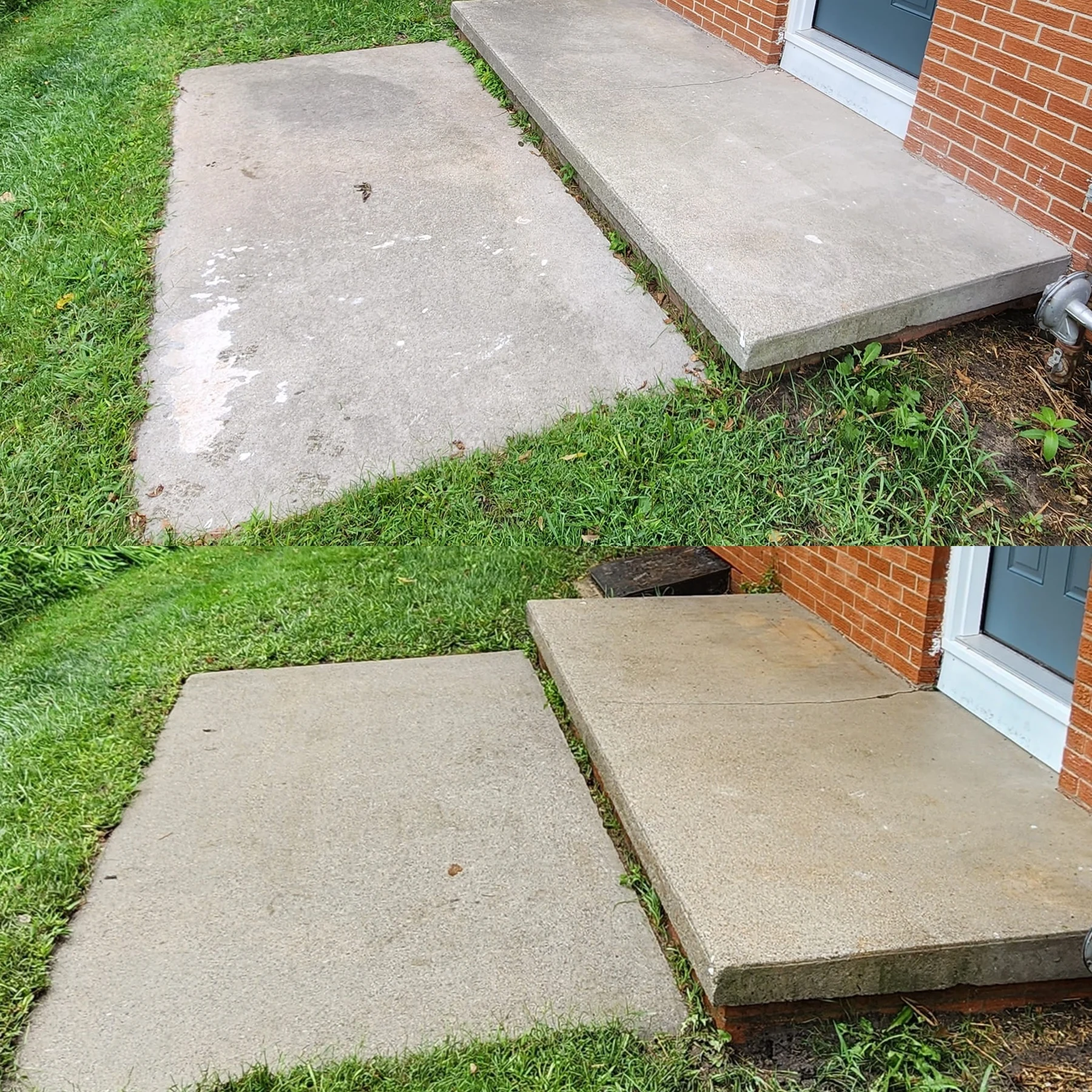 Before and after cleaning a concrete entry and step
