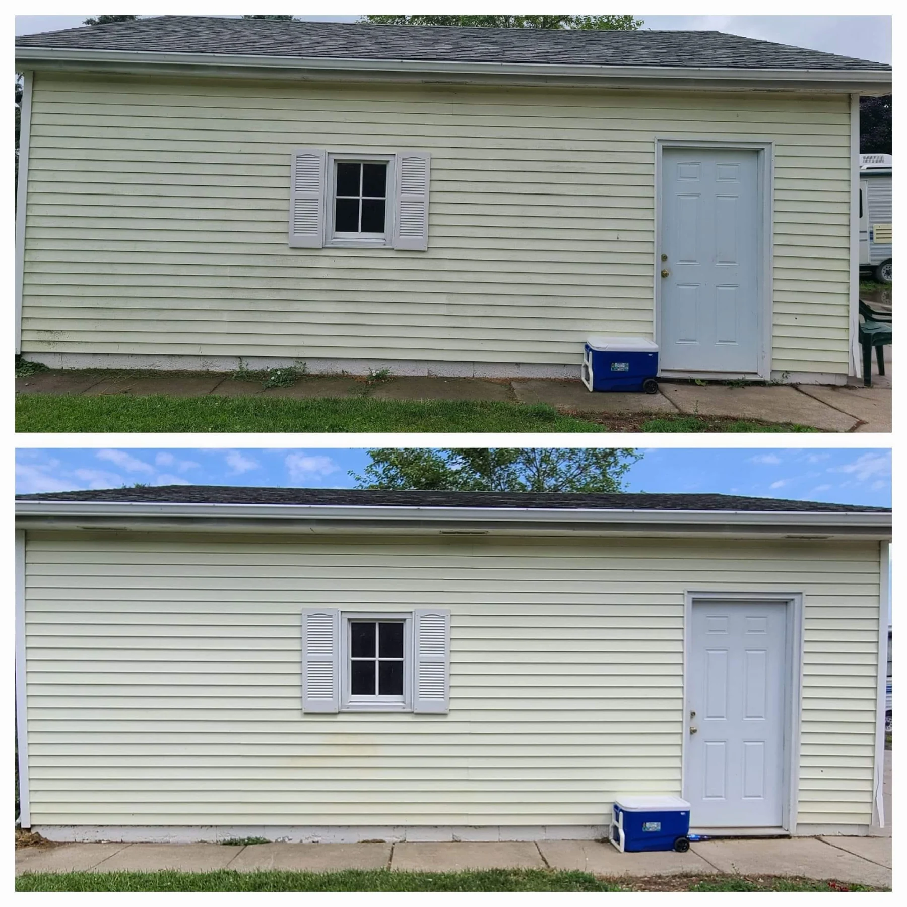 Before and after washing a home's exterior siding