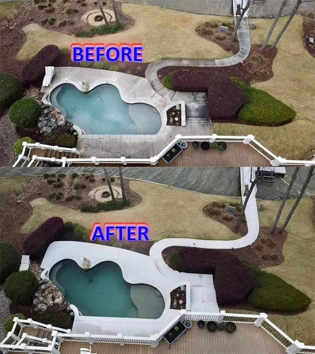 Before and after photos of a cleaned pool surround