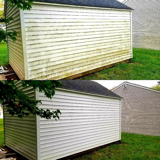 Before and after: green buildup removed from white siding