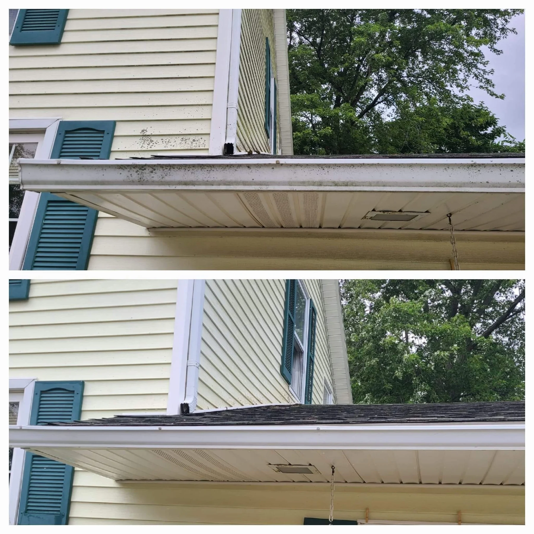 Before and after cleaning exterior trim and soffit
